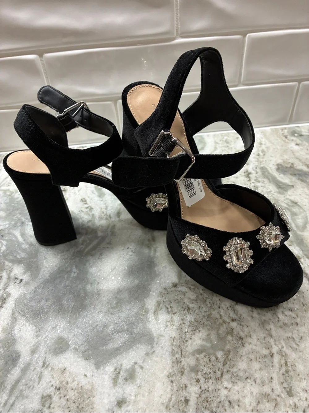 Copper Key Black Velvet Platform Jewel-Embellished Sandals